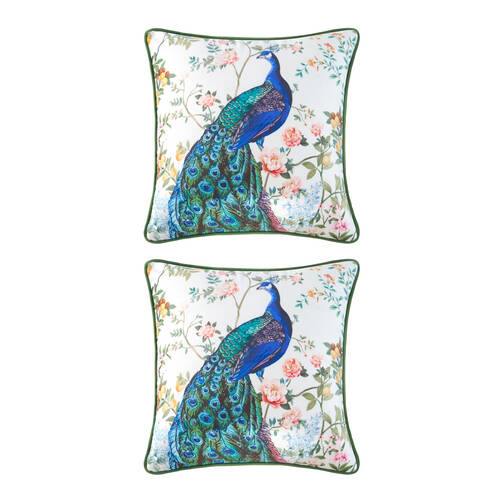 2PK Bianca Priya White/Blue Peacock Floral Square Velvet Decor Cushion 43x43cm