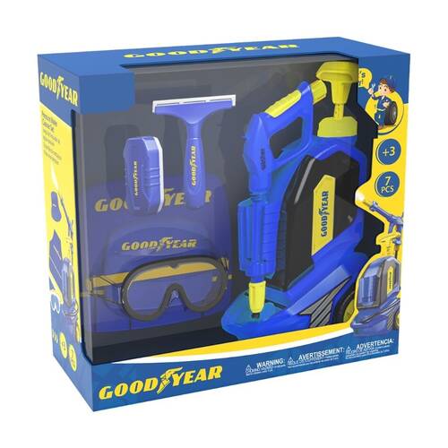 7pc Goodyear Water Pressure Car Cleaner Kids Toy Set With Goggles Apron Hat 3y+