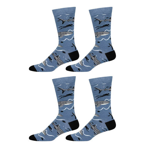 2PK Socksmith Mens Socks Bamboo Whale Shark Blue L/XL Shoe Sizes M7-12.5