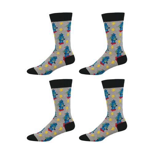 2PK Socksmith Mens Socks Charge of Robots Grey Cotton L/XL Shoe Sizes M7-12.5