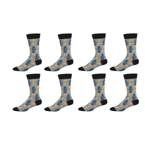 4PK Socksmith Mens Socks Charge of Robots Grey Cotton L/XL Shoe Sizes M7-12.5