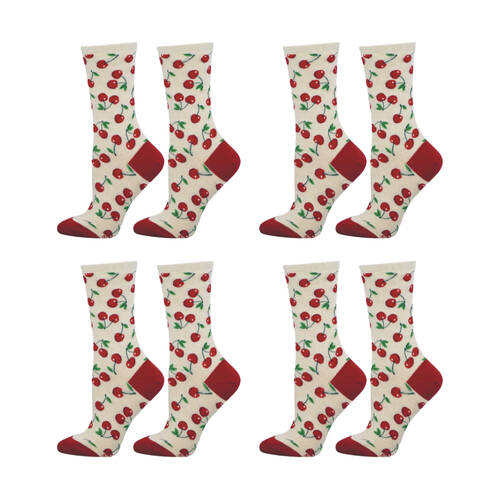 4PK Socksmith Ladies Socks Absolute Cherry Ivory Cotton S/M Shoe Sizes W5-10.5