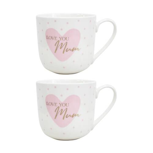 2PK LVD Love You Mum Bone China/Gold Foil Gift Mug Drinking Cup Pink/White