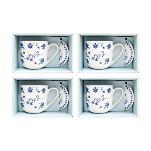 4x 2pc LVD Mum Bone China Gift Mug & Coaster Set Home Decor Mediterranean Blue