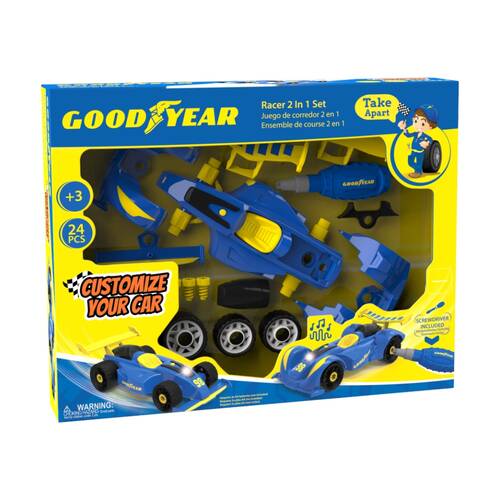 24pc Goodyear Racer Car 2-In-1 Set Building Kids Toy Vehicle Playset 3y+