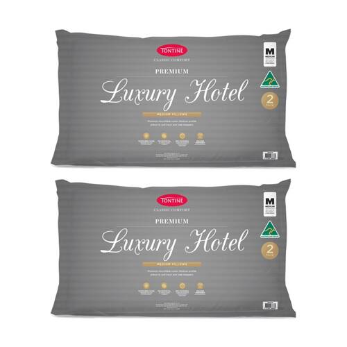 2x 2pc Tontine Luxury Hotel Pillow Medium Profile For Back & Side Sleepers
