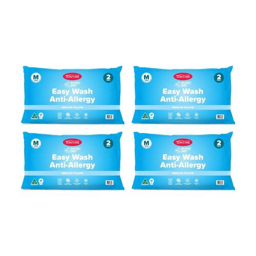 4x 2pc Tontine Quick Dry Easy Wash Anti Allergy Bedding Pillows Set Medium