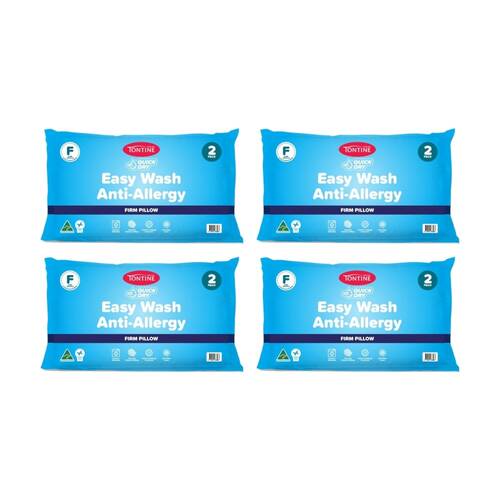 4x 2pc Tontine Quick Dry Easy Wash Anti Allergy Pillows Set High & Firm