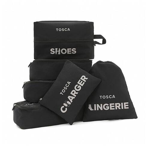 6pc Tosca Suitcase Packing Organiser Set Travel Bag Storage Pouches Black