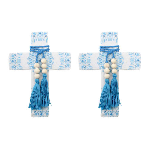 2PK LVD Large Mandala Poetry Blue Cross Decor W/ Beads & Tassels 16x22x0.5cm