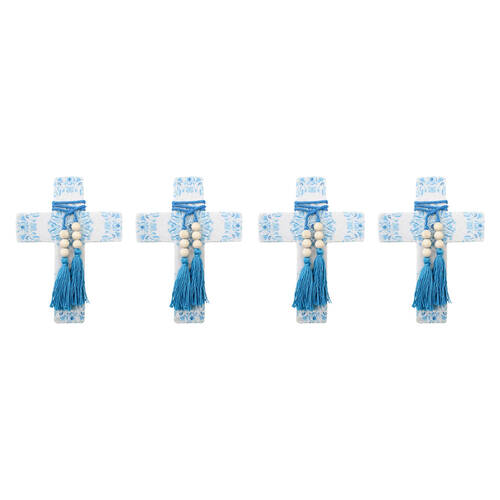 4PK LVD Large Mandala Poetry Blue Cross Decor W/ Beads & Tassels 16x22x0.5cm