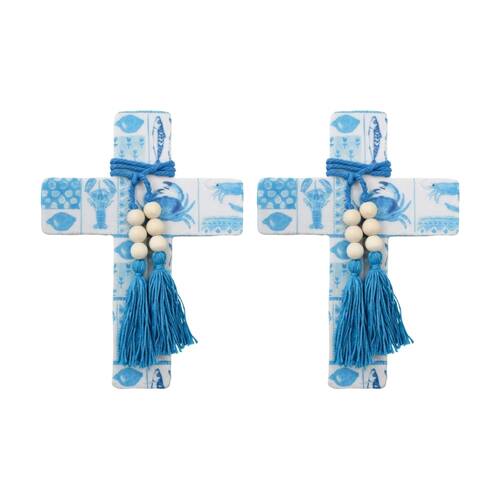 2PK LVD Large Blue Ocean Postcard Cross Decor W/ Beads & Tassels 16x22x0.5cm