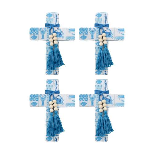 4PK LVD Large Blue Ocean Postcard Cross Decor W/ Beads & Tassels 16x22x0.5cm