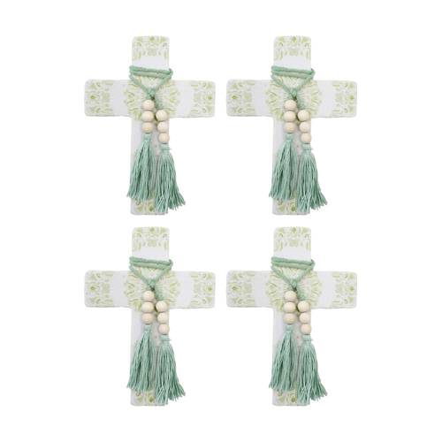 4PK LVD Large Mandala Poetry Sage Cross Decor W/ Beads & Tassels 16x22x0.5cm