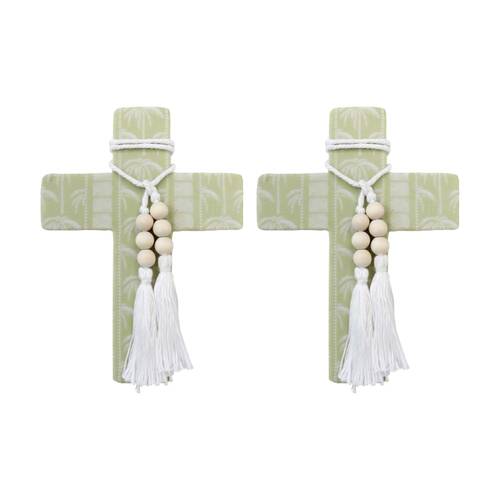 2PK LVD Large Green Tribal Coastal Cross Decor W/ Beads & Tassels 16x22x0.5cm