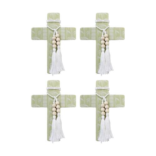 4PK LVD Large Green Tribal Coastal Cross Decor W/ Beads & Tassels 16x22x0.5cm