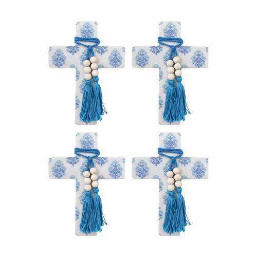 4PK LVD Large Blue Sari Resin Cross Home Decor W/ Beads & Tassels 16x22x0.5cm