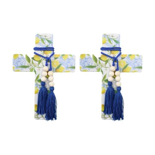 2PK LVD Large Lemoncello Resin Cross Home Decor W/ Beads & Tassels 16x22x0.5cm
