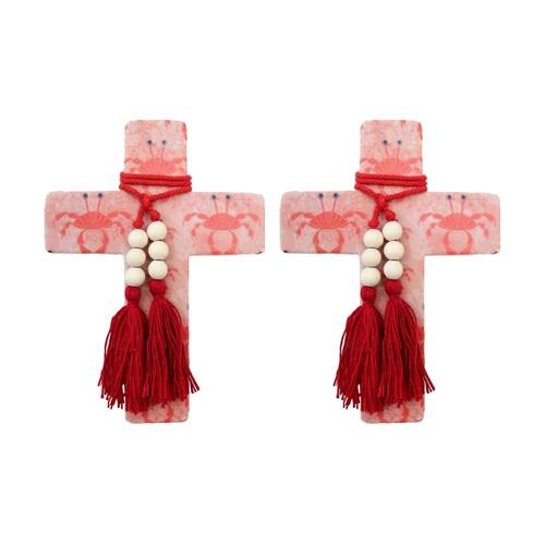 2PK LVD Large Mediterranean Resin Cross Decor W/ Beads & Tassels 16x22x0.5cm