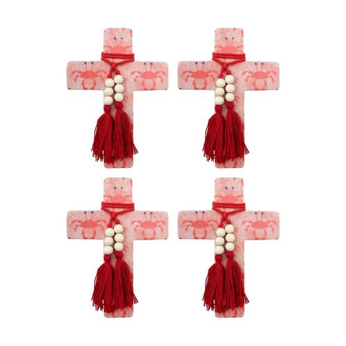 4PK LVD Large Mediterranean Resin Cross Decor W/ Beads & Tassels 16x22x0.5cm