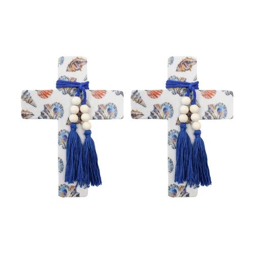 2PK LVD Large Sea/Coastal Resin Cross Home Decor W/ Beads & Tassels 16x22x0.5cm