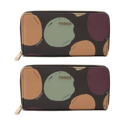 2PK Tosca PU Wallet Textured Zip Around Stylish Everyday Purse Black Poka Dot