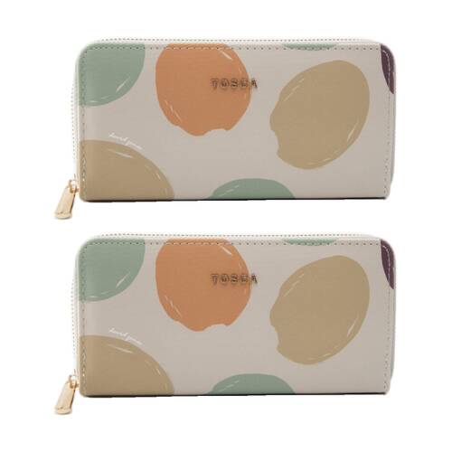 2PK Tosca PU Wallet Textured Zip Around Everyday Purse Almond Milk Poka Dot