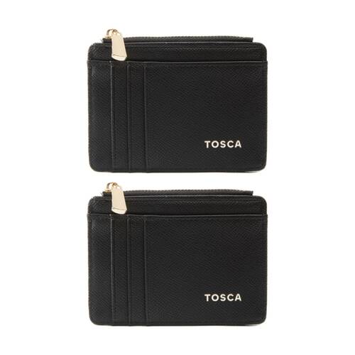2PK Tosca PU Wallet Textured Leather Cardholder Zip Around Slim Design Black