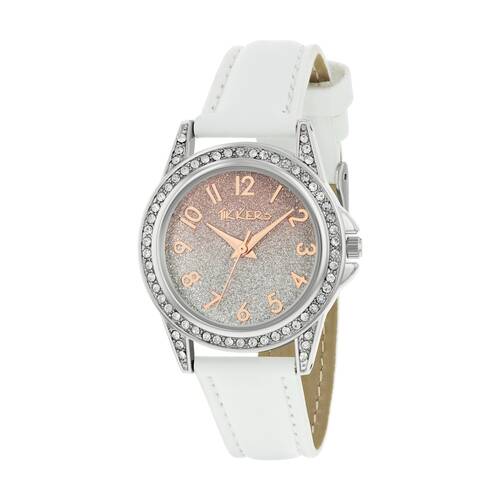 Tikkers White Leatherette Strap Rose Gold Tone Dial Kids Watch Ombre Shimmer