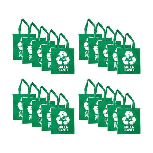 20PK Braz Large Reusable Shopping Bag W/ Handles 34x36x19cm Greeen Planet Assrtd