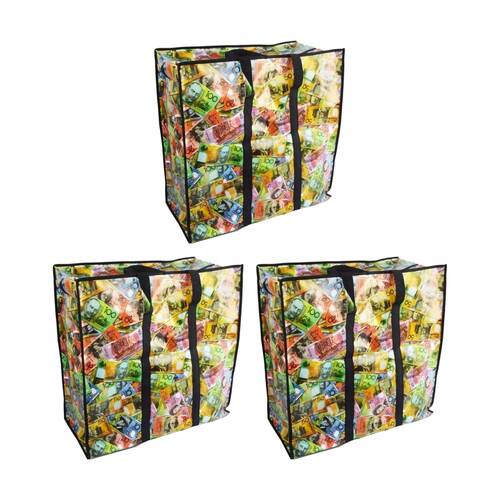 3PK Braz Large Reusable Shopping Bag W/ Zips 60x60x30cm AU Money Design