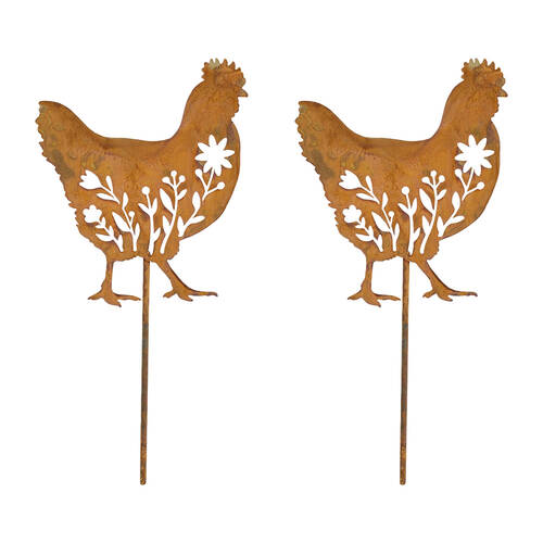 2PK LVD Rustic-Coated Metal Medium Hen Garden Stake Decor Ornament 99x23x0.64cm