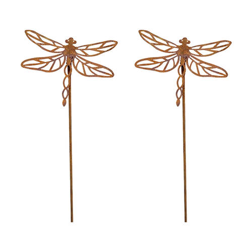 2PK LVD Rustic-Coated Metal Dragonfly Garden Stake Ornament Set 86x12x3cm