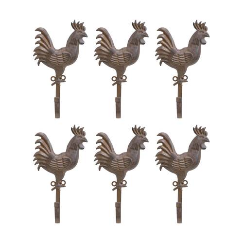 6PK LVD Rooster Single Hook Home Wall Decoration Rustic Farm Decor 12x5x21cm