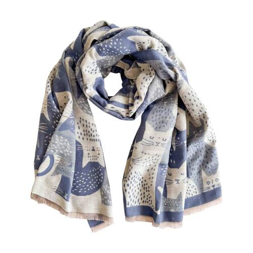 Urban Products Moggy Cat Scarf Blue Lightweight Fabric Fringed Edges 180cm