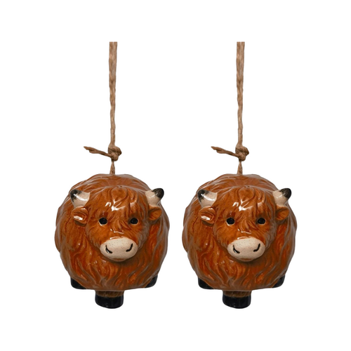 2x Urban Products Highland Cow Bell Brown Ceramic Hanging Ornament 18cm