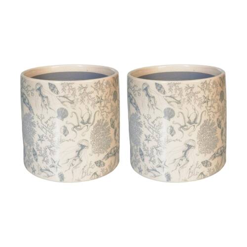 2x Urban Products Sea Toile Planter Blue Ceramic Decorative Pot 14cm