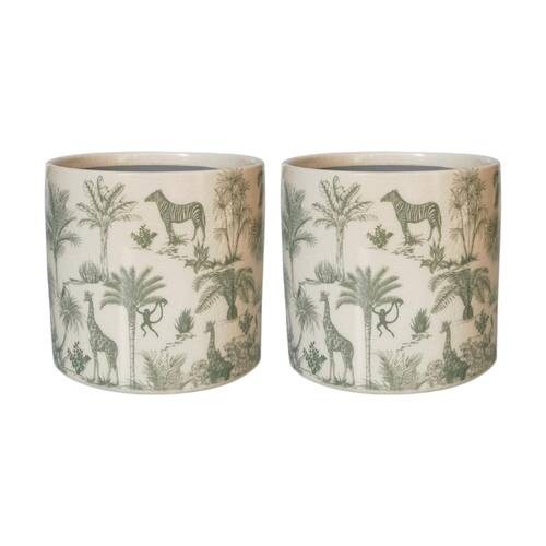 2x Urban Products Jungle Toile Planter Green Ceramic Decorative Pot 17cm