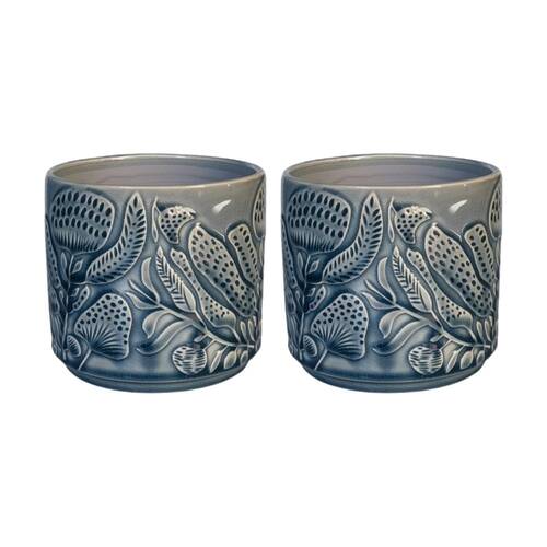 2x Urban Products Corindi Planter Blue Ceramic Pot Embossed Leaf Design 14cm