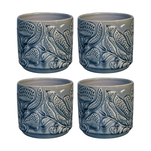 4x Urban Products Corindi Planter Blue Ceramic Pot Embossed Leaf Design 14cm