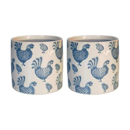2x Urban Products Dottie Chicken Planter Blue Decorative Ceramic Pot 14cm