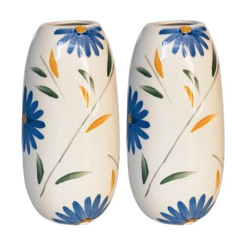 2x Urban Products Maxine Floral Vase Blue/Green Hand-Painted Ceramic 20cm