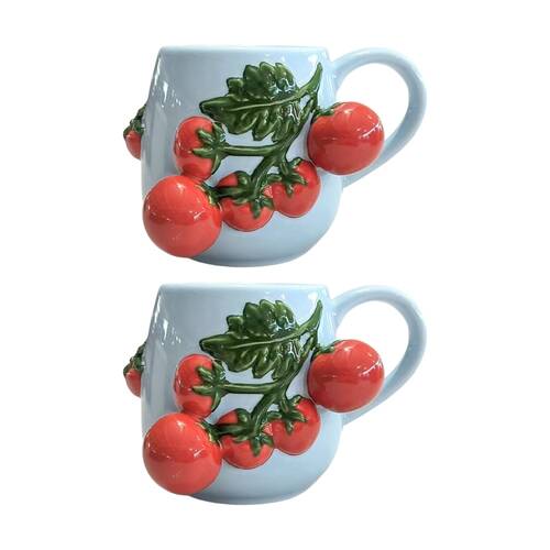 2x Urban Products Raised Tomato Branch Design Blue/Red Ceramic Mug 10cm