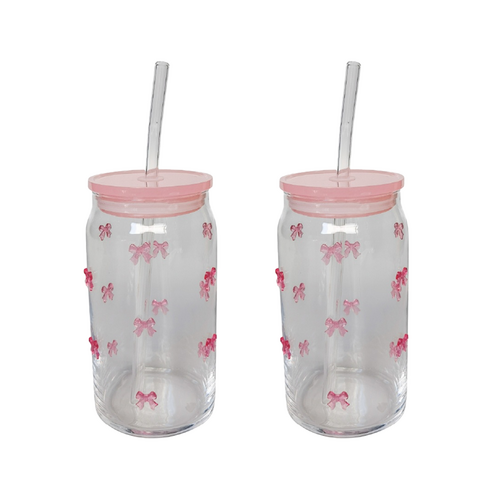 2x Urban Products Kaya Pink Bow Glass Can Drinkware W/ Straw 14cm