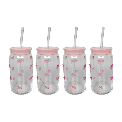 4x Urban Products Kaya Pink Bow Glass Can Drinkware W/ Straw 14cm