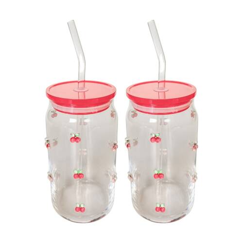 2x Urban Products Kaya Red Cherry Glass Can Drinkware W/ Straw 14cm