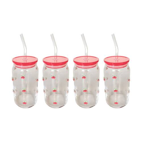 4x Urban Products Kaya Red Cherry Glass Can Drinkware W/ Straw 14cm