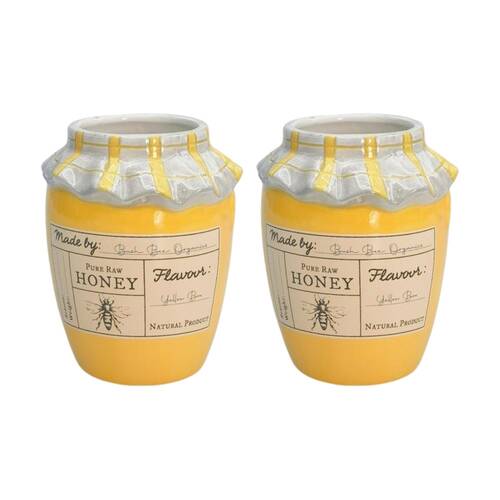 2x Urban Products Honey Pot Vessel Yellow Ceramic Decorative Jar 11cm
