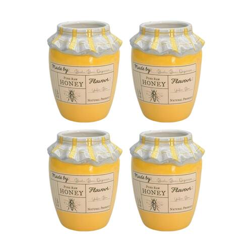 4x Urban Products Honey Pot Vessel Yellow Ceramic Decorative Jar 11cm
