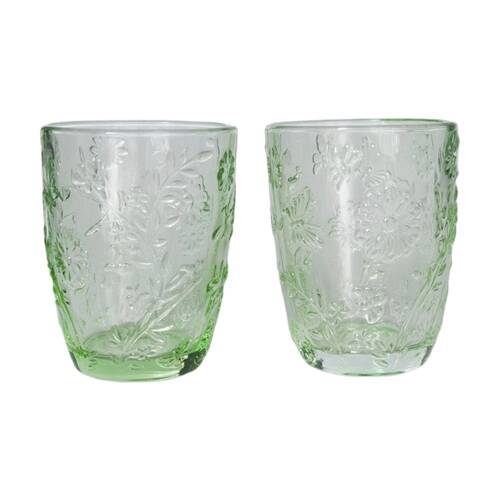 2pc Urban Products Mari Green Floral Embossed Glass Tumbler Set 10cm